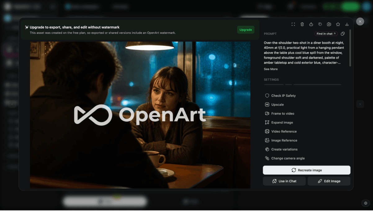 OpenArt Agent rendering status for a cinematic diner booth image