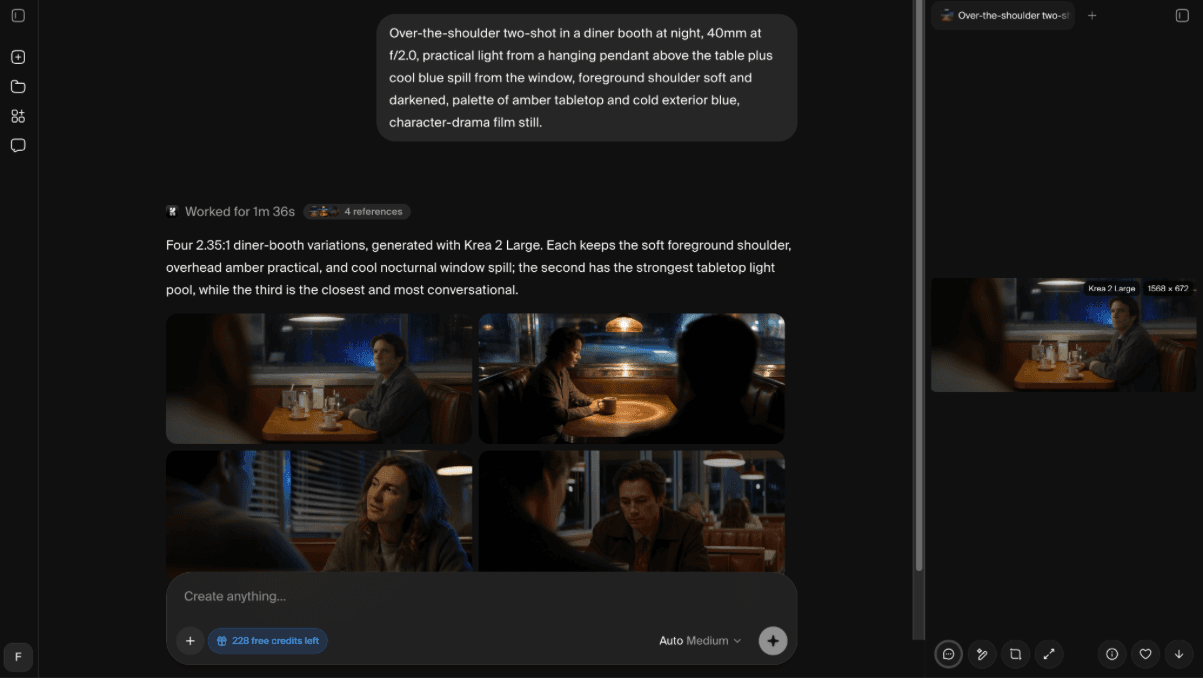 Krea 2 Large generating four cinematic diner booth image variations