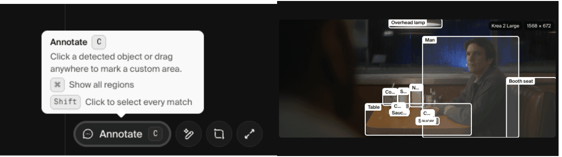 Krea Annotate tool detecting editable objects in a generated diner image
