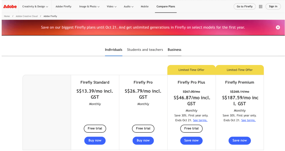 Adobe Firefly pricing plans showing Standard, Pro, Pro Plus, and Premium tiers