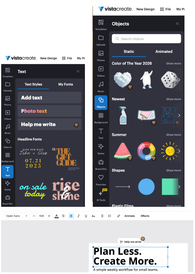 VistaCreate editor showing text styles, objects, and layout controls for a social media graphic