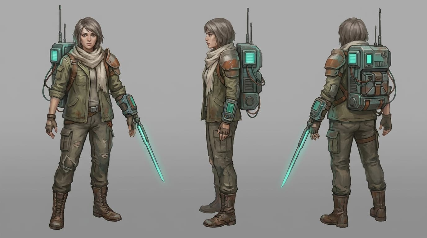 Ashfall Relay hero turnaround sheet with front, profile, and back views