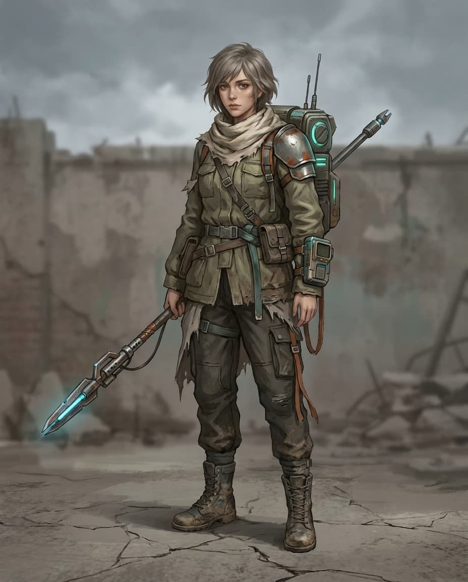 Approved Ashfall Relay hero character with olive jacket, off-white scarf, and relay backpack