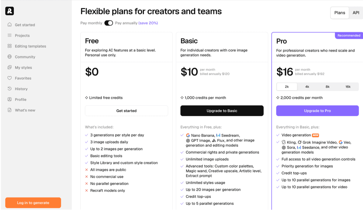 Recraft pricing plans showing Free, Basic, and Pro tiers