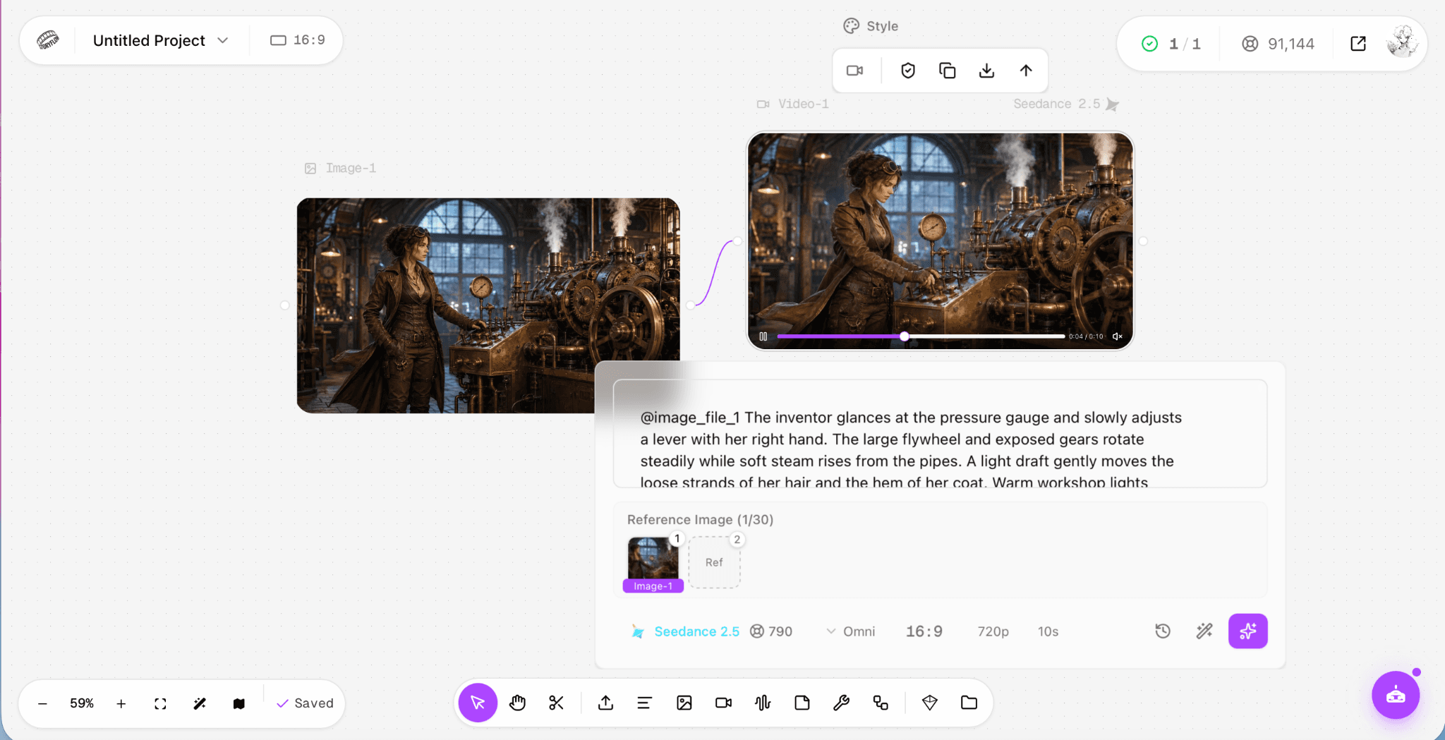 Astorie canvas connecting a source image, Seedance generation settings, and the resulting video