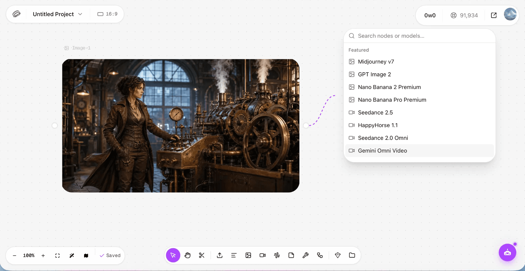 Astorie canvas showing a source image connected to the Seedance 2.5 model selector