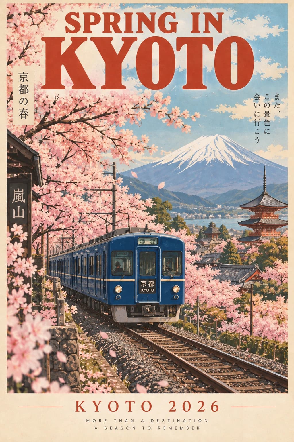 GPT Image 2.5 edit changing the train to blue and the bottom text to KYOTO 2026