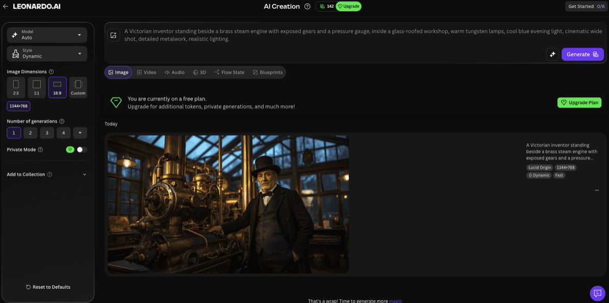 Leonardo AI generation interface showing a Victorian inventor and steam engine scene created with the Lucid Origin model at 1344x768